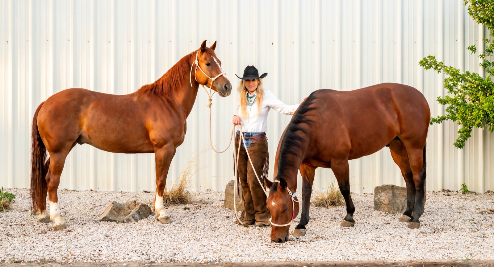 Jann Parker standing with two horses.